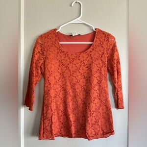 Orange Lace Scoop Neck 3/4 Sleeve Blouse
